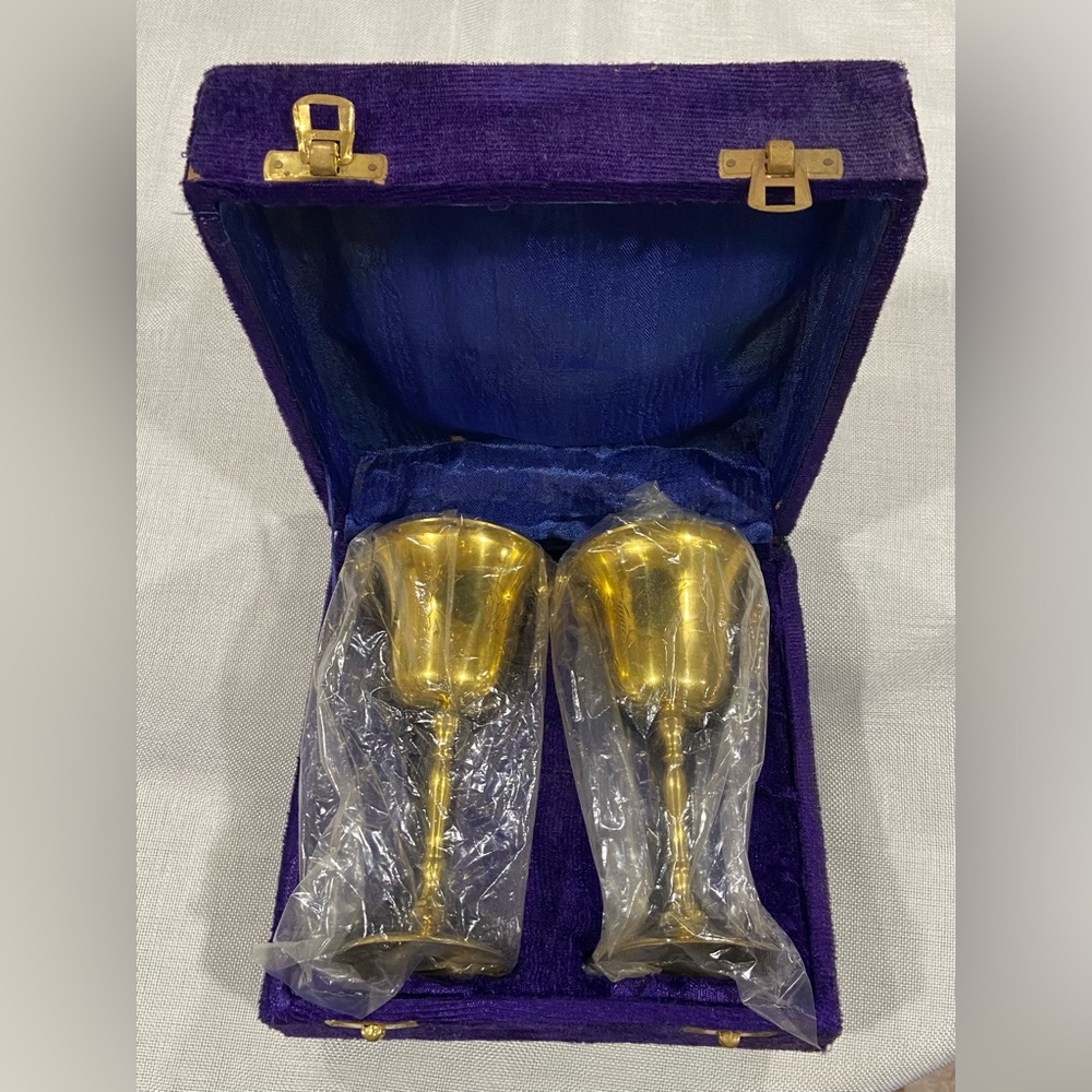 Vintage Solid Brass Etched Wine Goblets In a Box Set of 2 - Made in India